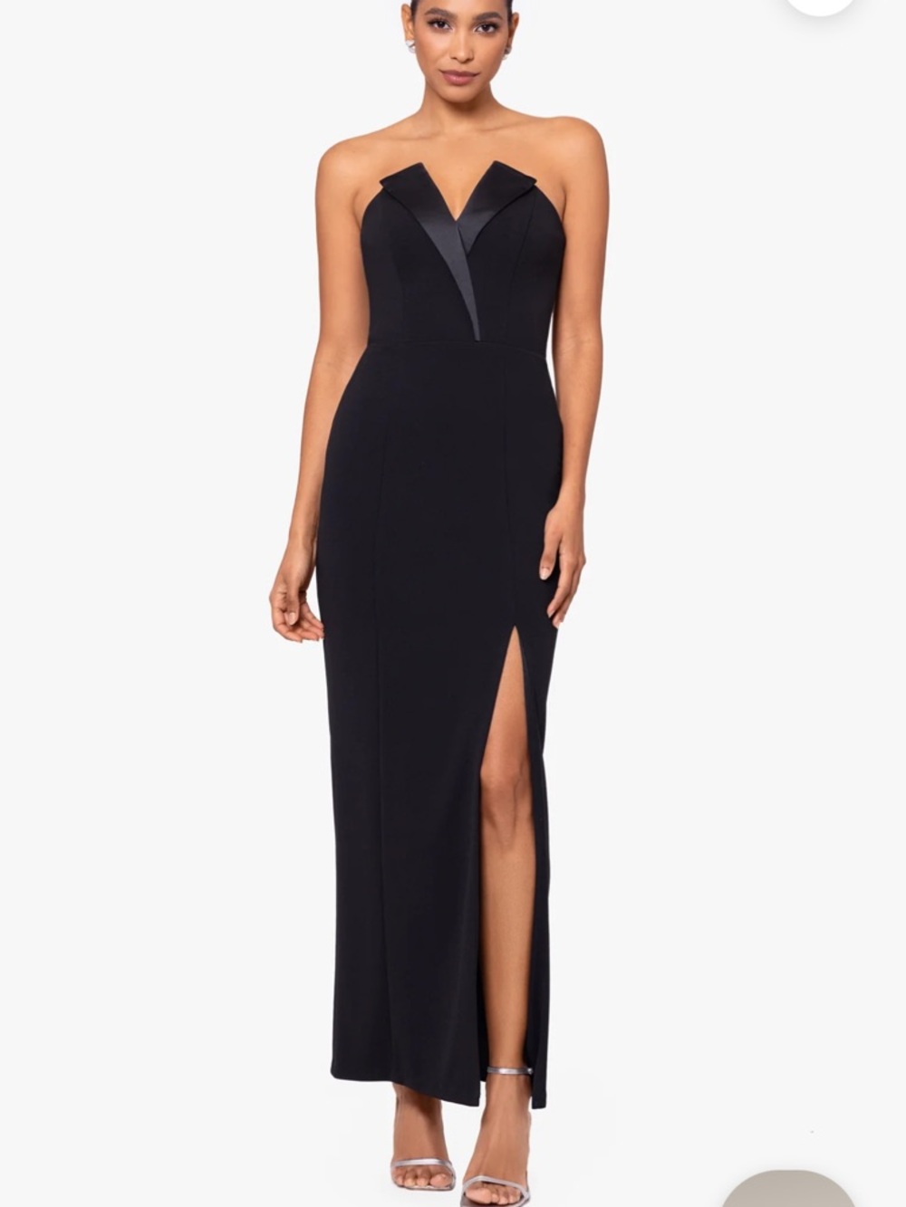 Betsy & Adam Tuxedo Top Strapless Black Evening Gown with Side Slit